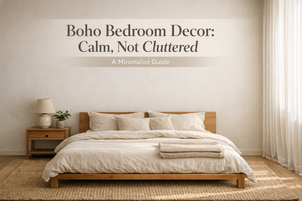 Calm minimalist boho bedroom with neutral linens, wooden bed, woven rug, natural light, and uncluttered decor