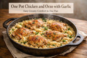 One pot chicken and orzo with garlic cooked in a skillet with tender chicken thighs, creamy orzo pasta, and fresh herbs