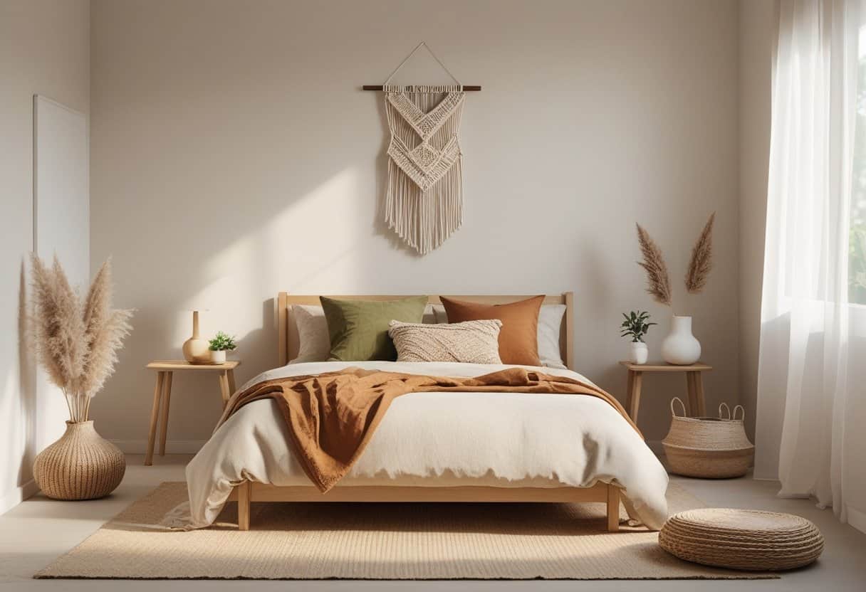A calm boho bedroom with a wooden bed, neutral linens, a small nightstand with a lamp and plant, woven rug, and simple decorative items.