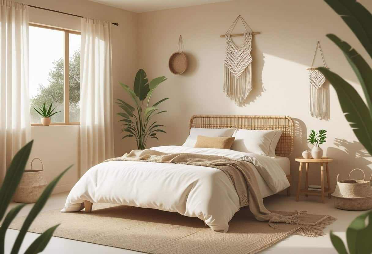 A tidy bedroom with a bed, pillows, a side table with a plant, a rug, and simple decorations creating a calm bedroom decor.