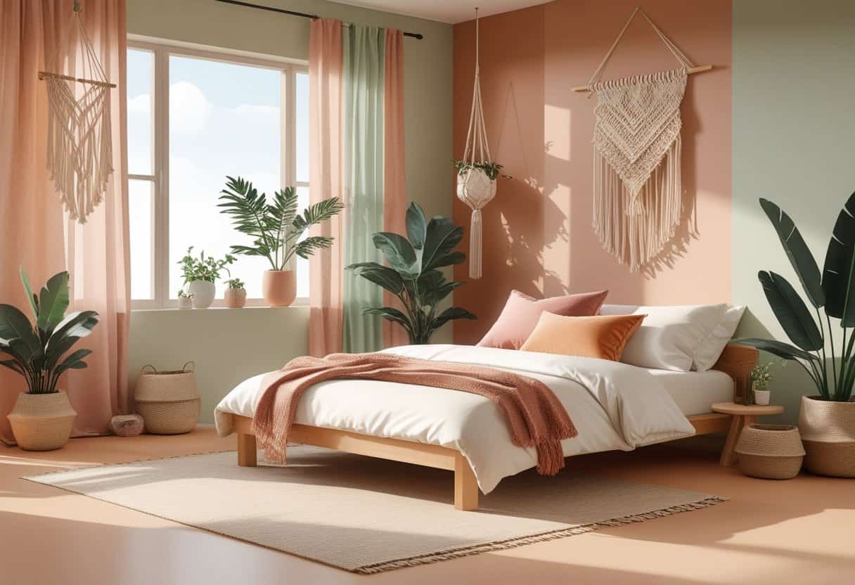 A calm and uncluttered bedroom with a wooden bed, soft pillows, plants, and natural light filtering through sheer curtains.