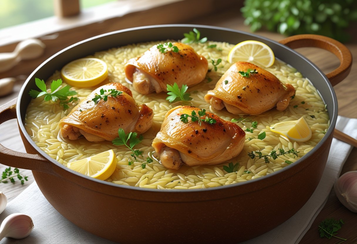 one pot chicken and orzo filled with cooked chicken thighs, orzo pasta, garlic cloves, and fresh herbs on a wooden table.