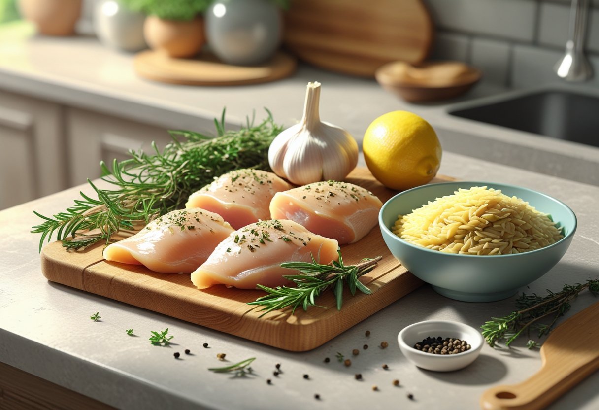 A kitchen countertop with raw chicken, garlic, orzo pasta, herbs, lemon, olive oil, and peppercorns arranged for cooking.