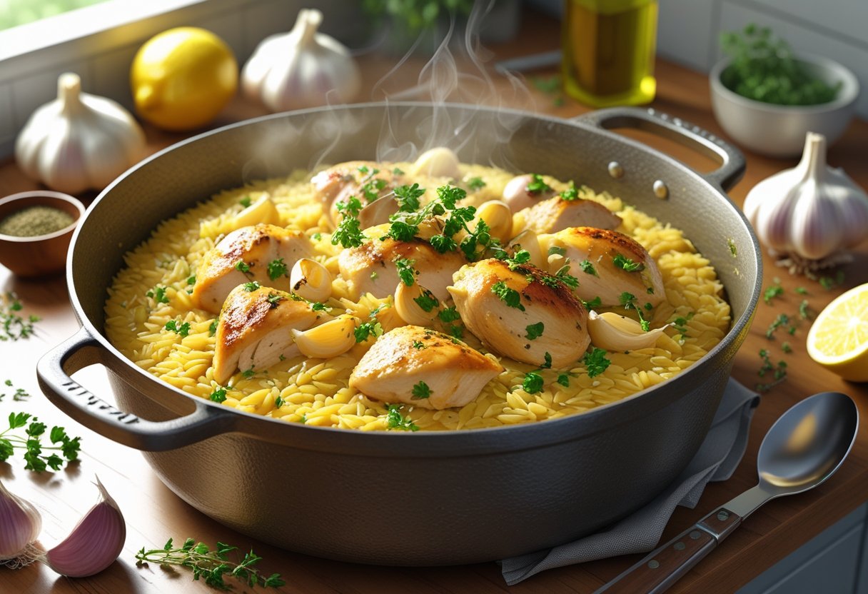 A cooking pot filled with chicken, garlic, and orzo pasta on a kitchen countertop surrounded by fresh ingredients.