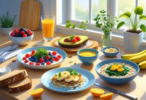 A kitchen countertop with a variety of healthy breakfast dishes including avocado toast, mixed berries with yogurt, overnight oats, scrambled eggs with spinach, and a glass of orange juice.