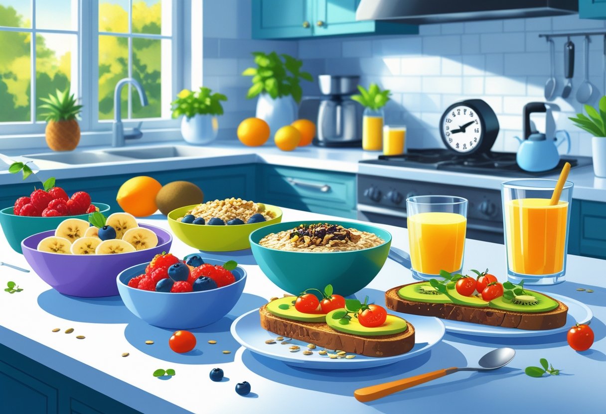 A kitchen countertop with bowls of fresh fruit, avocado toast, overnight oats, and a glass of orange juice, all ready for a quick healthy breakfast.