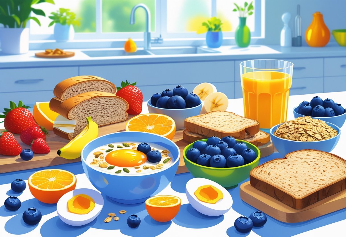 healthy breakfasts you can prep in 10 minutes with fresh fruits, whole grain bread, oatmeal, yogurt, eggs, and orange juice arranged for a healthy breakfast.