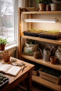 february seed starting zone 7 indoor seed starting setup with seedlings under grow lights in a home