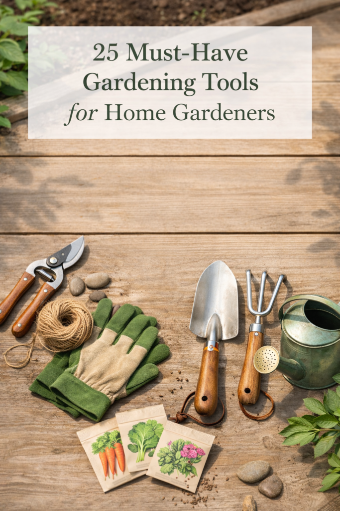 Essential gardening tools laid out neatly for home gardeners