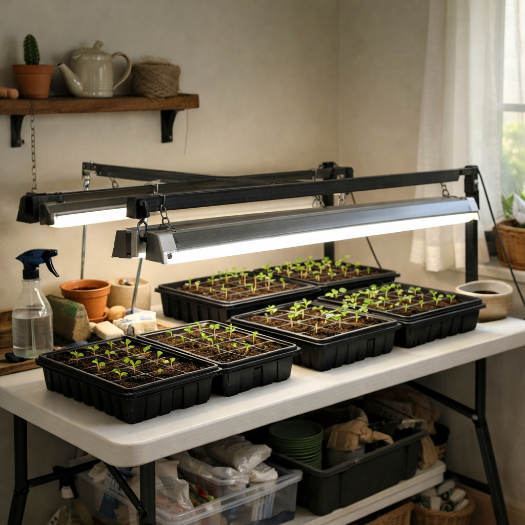 young vegetable seedlings growing under grow lights on a table inside a home