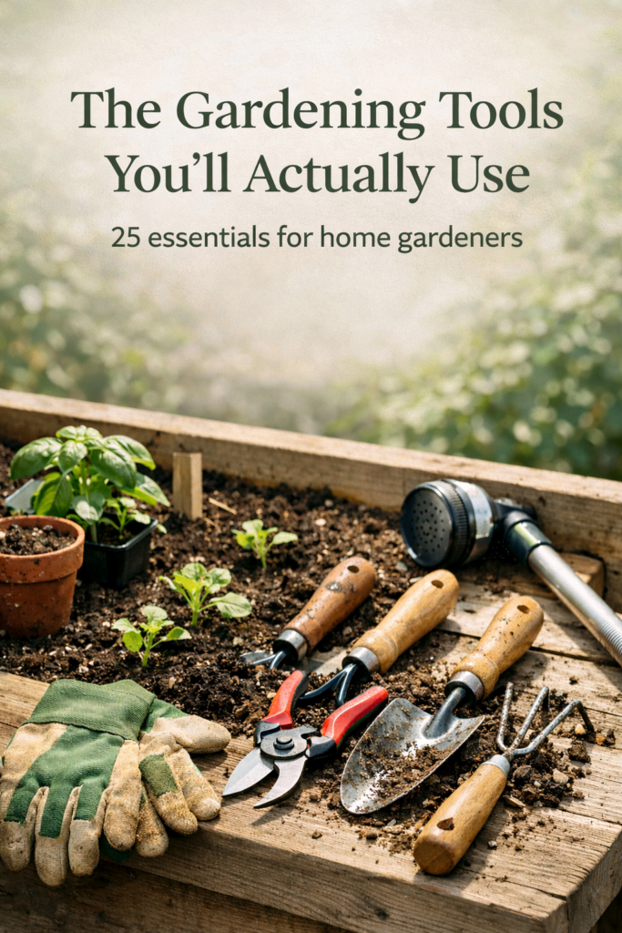 Gardening tools used in a raised bed garden setup