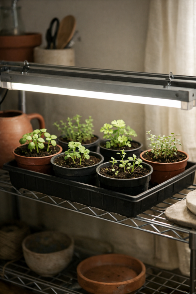 herb seedlings growing in small pots under grow lights indoors