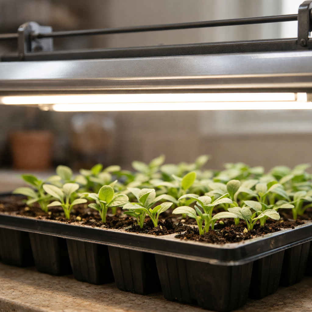 grow lights positioned close to seedlings for healthy indoor growth
