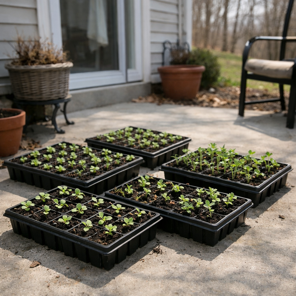 seedlings being hardened off outdoors in early spring conditions